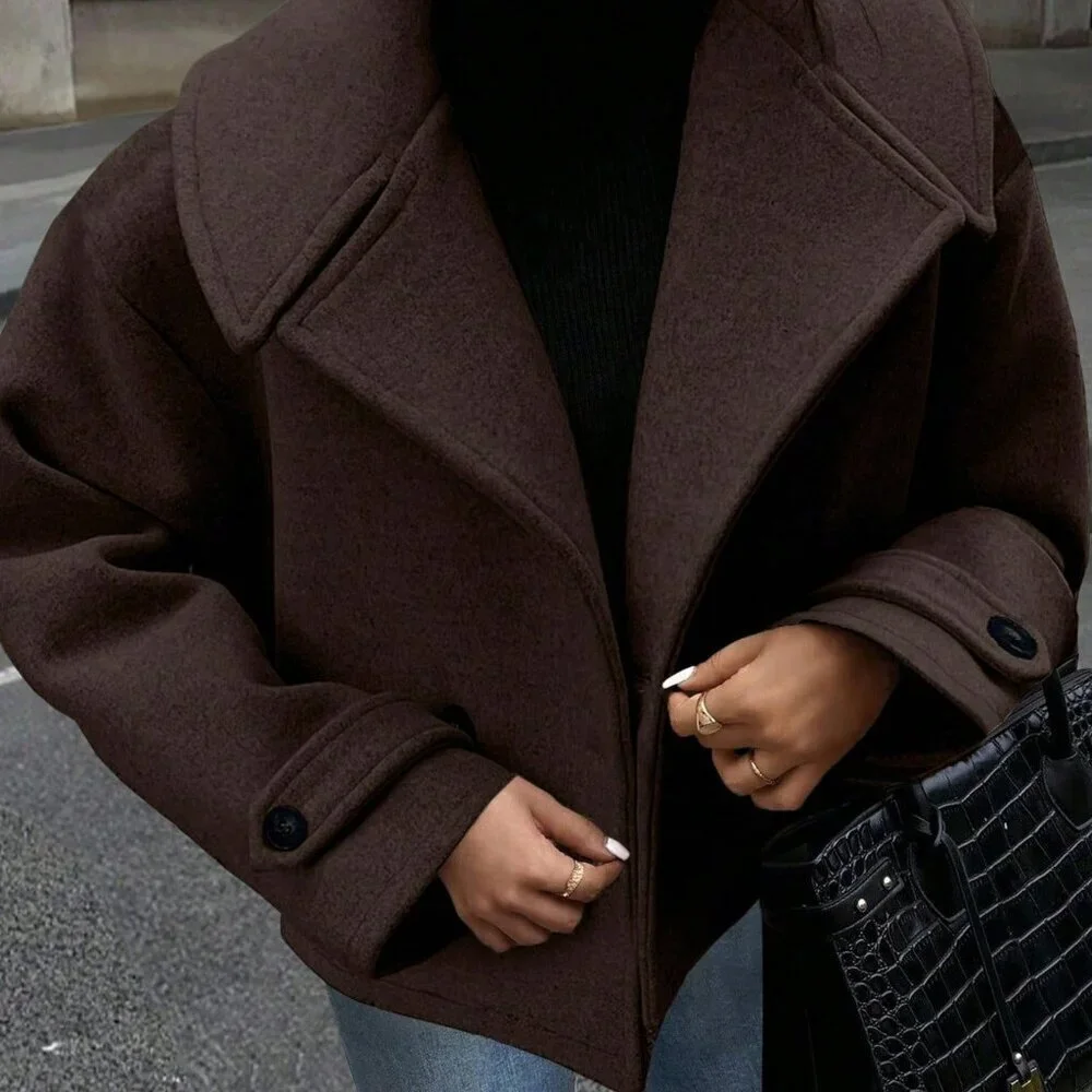 Coffee Brown Casual Women's Large Lapel Decorated Button Long Sleeve Coat